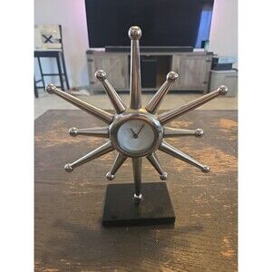 Desk Clock, Mid 1960s Hammered Brass Star Burst. Mounted On A Marble Stand.
